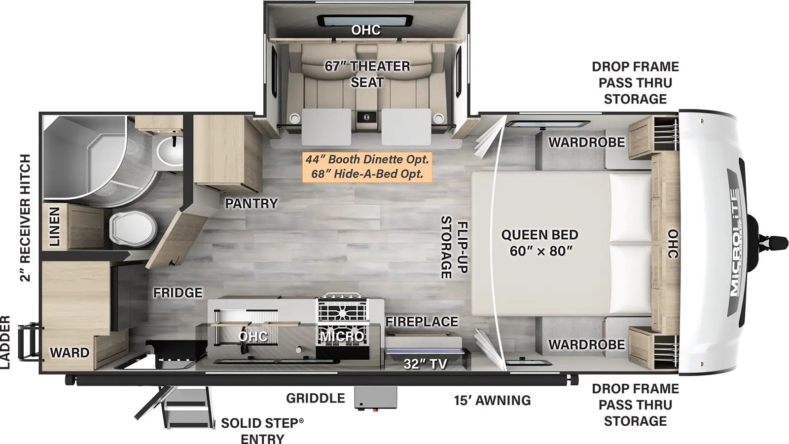 The 22FBS has one slide out and one entry door. Exterior features a 15 foot awning, solid step entry, drop frame front pass thru storage, griddle, rear ladder, and 2 inch receiver hitch. Interior layout front to back: foot-facing queen bed, flip-up storage, overhead cabinets, and wardrobes on either side; off-door side slide out with theater seating with tables and overhead cabinets (booth dinette or hide-a-bed sofa optional); door side TV with fireplace below, countertop with cooktop, overhead cabinets, microwave, sink, and entry; off-door side pantry; rear off-door side full bathroom with linen closet; rear wardrobe and refrigerator.